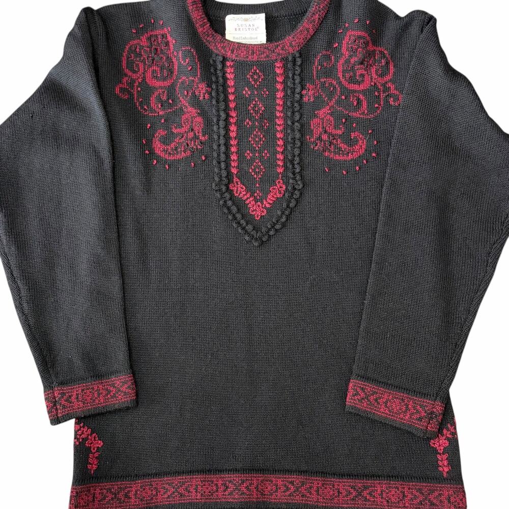 VTG Susan Bristol 100% Wool Sweater Size 34/S Black Hand Embroidered 90s Nordic